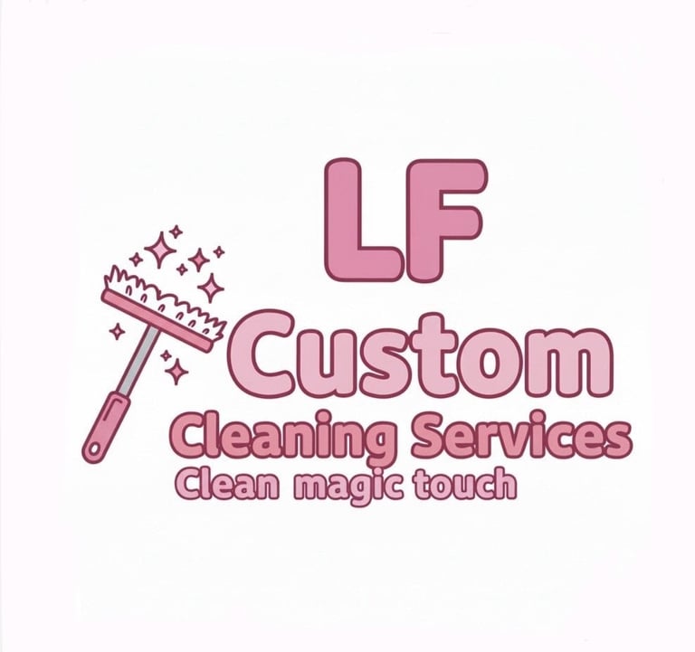 LF Custom Cleaning Services logo with pink brush and sparkles, tagline Clean magic touch